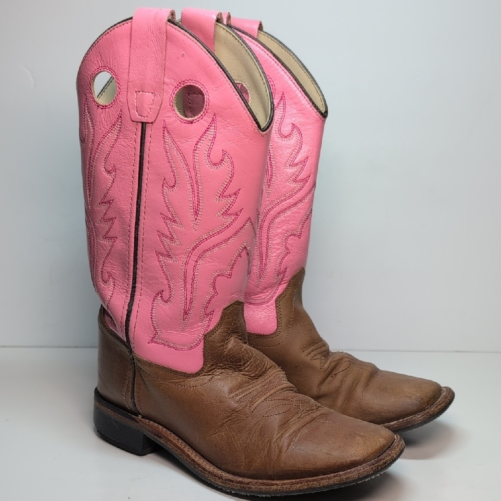 Old West Western sqaure Toe Pink & Brown Cowgirl Boots big girl size 4